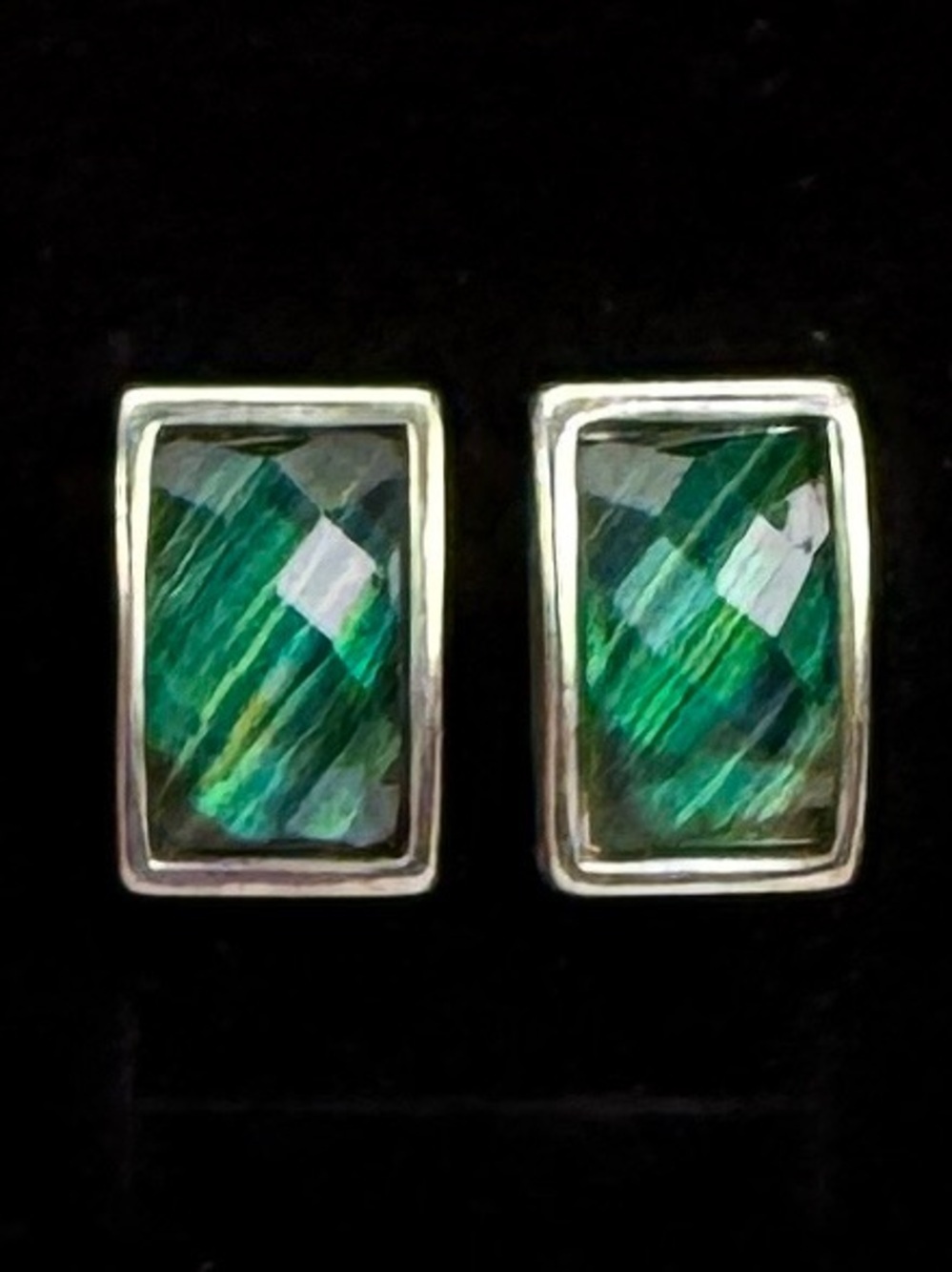 Vintage Aged Silvertone Green Stud Pierced Earrings